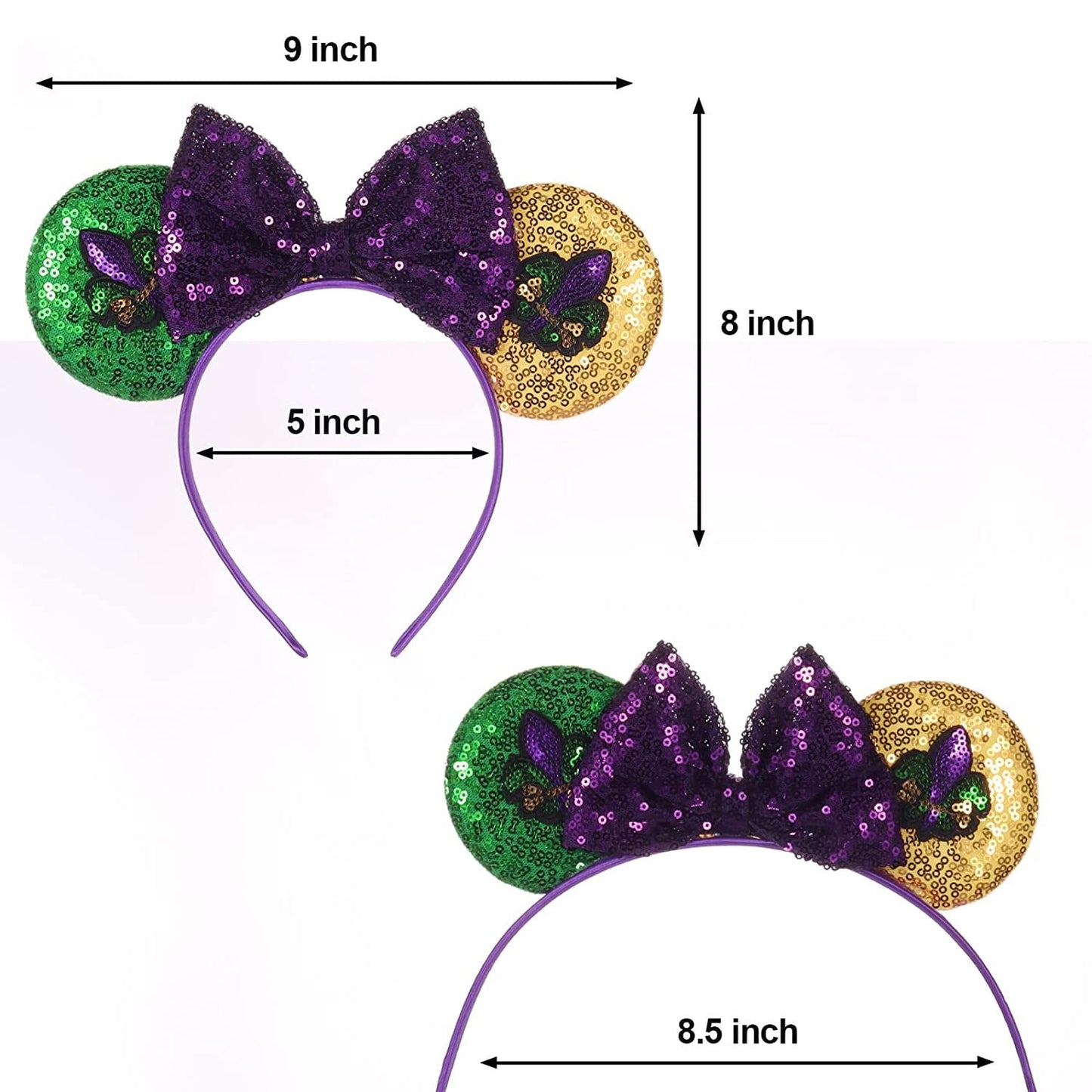 Mardi Gras Minnie Mouse Sparkled Mickey Mouse Ears Fleur De Lis purple green gold headband fits women or girls Sequin Headband