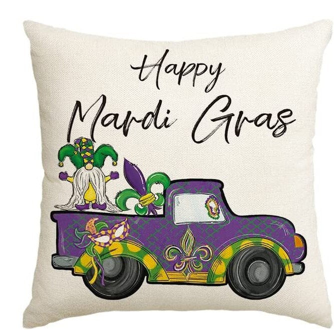 SET OF 2 Mardi Gras Purple Truck mask Pillow Cover Happy Throw Cover Bead Dog Purple Truck Gnome Fleur De lis  Party Cushion Case Decoration