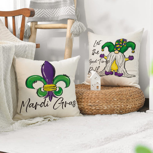 SET OF 2 Mardi Gras Fleur De Lis Let the Good Times Roll Pillow Cover Happy Throw Cover  Party Cushion Case Decoration