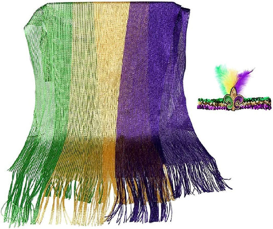 SET OF 2! Mardi Gras Long Scarf AND Fleur De Lis sequin Headband Purple Green Gold Masquerade costume Ball