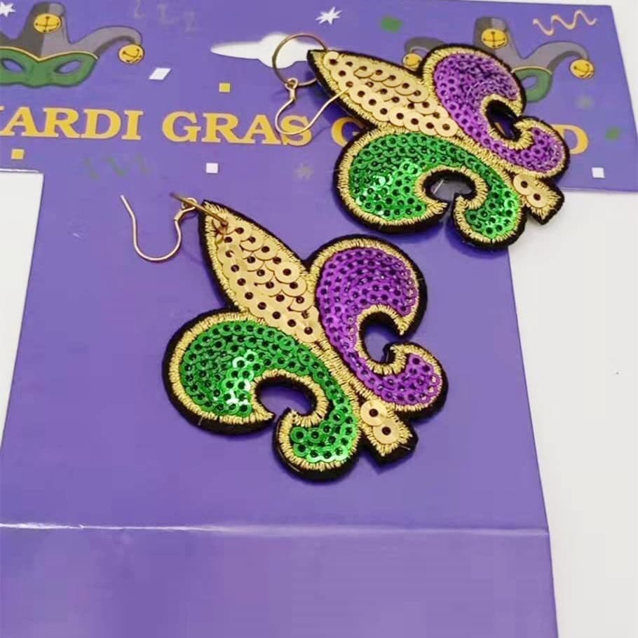 Mardi Gras Sequin  Fleur De lis earrings Parade wear