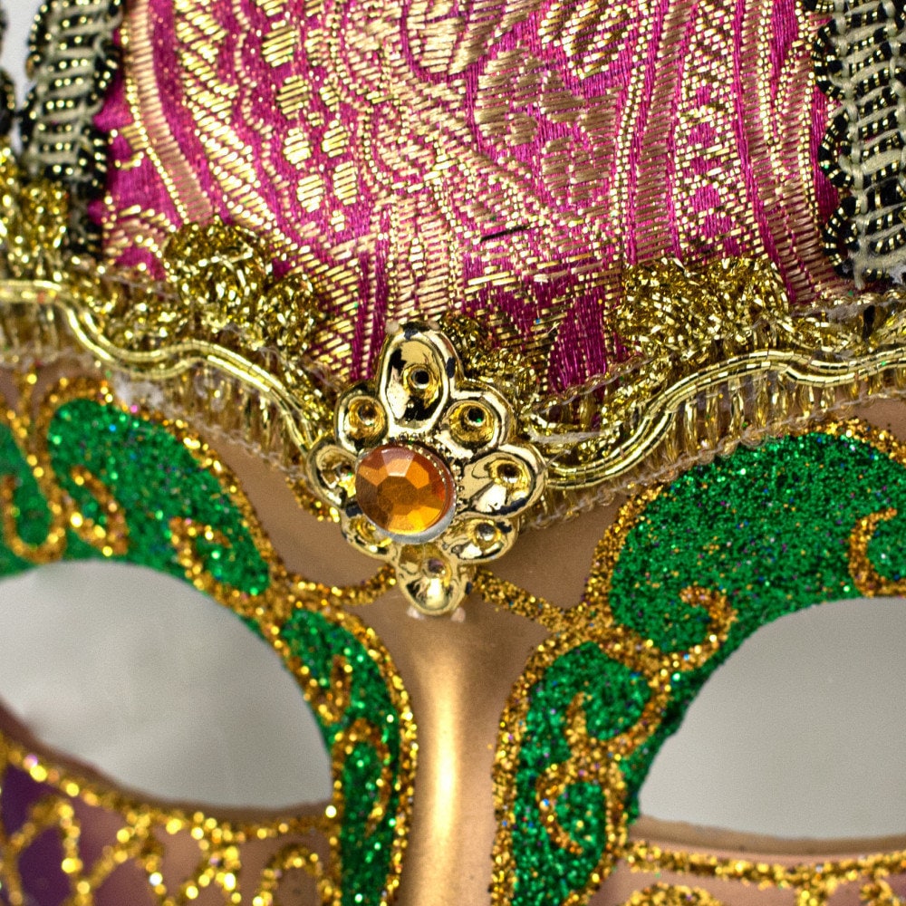 11" Brocade Fabric Horned Mask: Gold, Green, Purple Large Mardi Gras PURPLE Green Gold Jester Mask Jewel Glitter Full Face