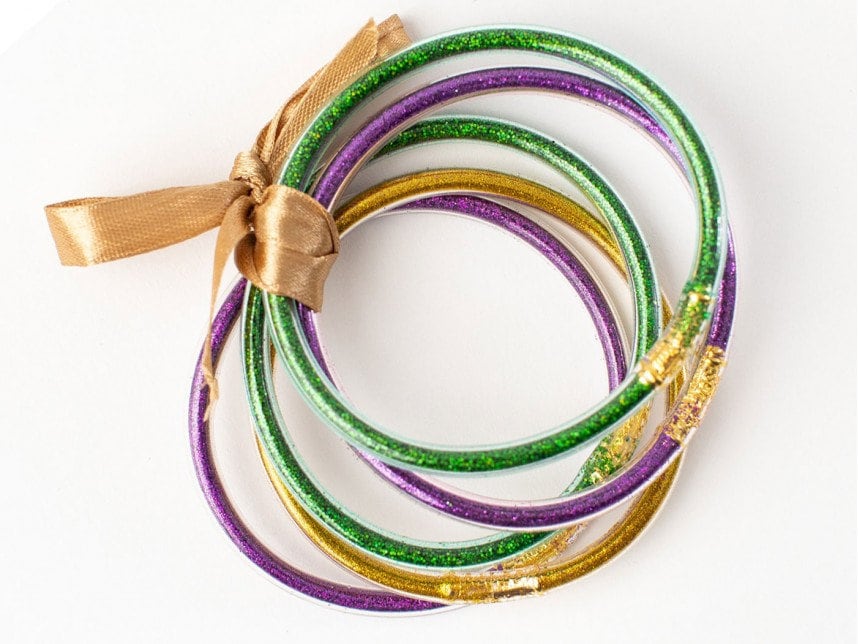 Ribbon tied Mardi Gras Bracelets, Mardi Gras Bangles Bracelet, Purple Green Gold Bracelet, Glitter Mardi Gras Bracelet