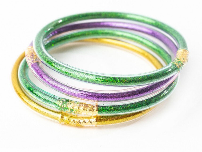 Ribbon tied Mardi Gras Bracelets, Mardi Gras Bangles Bracelet, Purple Green Gold Bracelet, Glitter Mardi Gras Bracelet