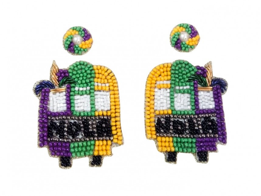 Mardi Gras Seed Bead Streetcar St Charles NOLA Fleur De Lis Dangle Post Earrings New Orleans Parade Wear Carnival Masquerade Ball Party