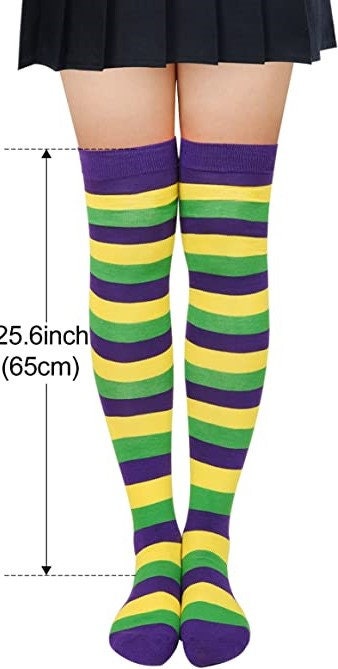 Thigh High Socks Women Long Knee High Socks Knit Boot Stockings Mardi Gras Socks lady Winter Warm Purple green gold stripe Parade