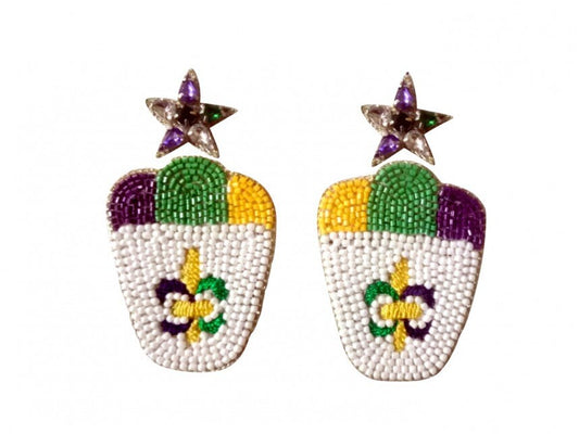 Mardi Gras Beaded Fleur De Lis Earrings, Summer New Orleans Parade Wear Carnival Masquerade Ball Party