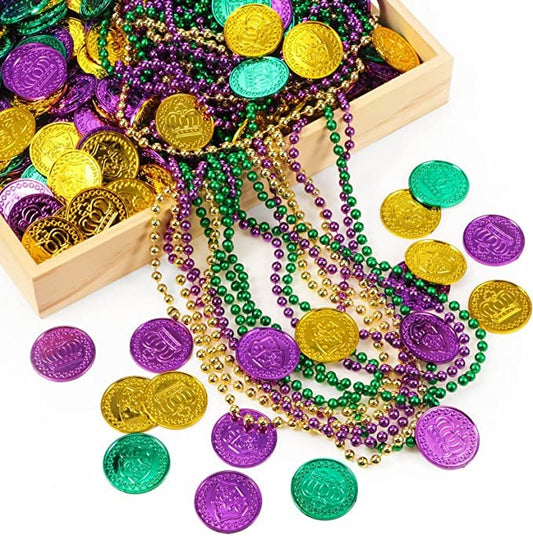 200 piece set! Mardi Gras Beads & DOUBLOONS   (Purple Green Gold)Necklace Assortments/ Mardi Gras Throw Beads  Carnival Fat Tuesday