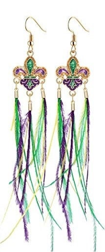 Mardi Gras Feather Earrings Fleur De Lis  Real ostrich feathers parade wear New Orleans