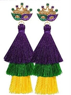 Mardi Gras Purple Green Gold Tassel mask Earrings