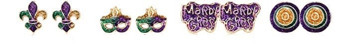 SET OF 4! Mardi Gras fleur de lis mask  Earrings Purple Green Gold Masquerade Ball Costume Parade New Orleans