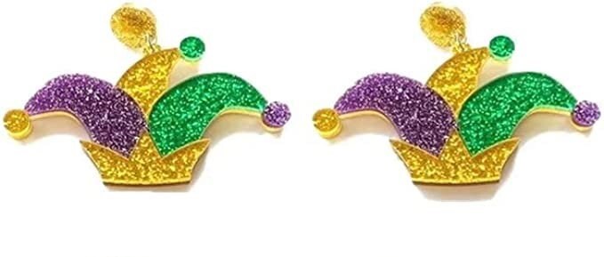 Mardi Gras  Fleur De Lis Jester hat Resin Acrylic Dangle Post Earrings New Orleans Parade Wear Carnival Masquerade Ball Party