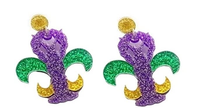 Mardi Gras  Fleur De Lis Crawfish Resin Acrylic Dangle Post Earrings New Orleans Parade Wear Carnival Masquerade Ball Party