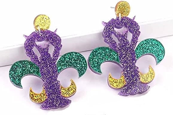 Mardi Gras  Fleur De Lis Crawfish Resin Acrylic Dangle Post Earrings New Orleans Parade Wear Carnival Masquerade Ball Party