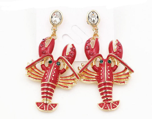 Crawfish Red Enamel Crystal Women's Dangle Earrings  Earrings Dangle Stud Ornament Gift Mardi Gras  Lobster Crayfish Pierced