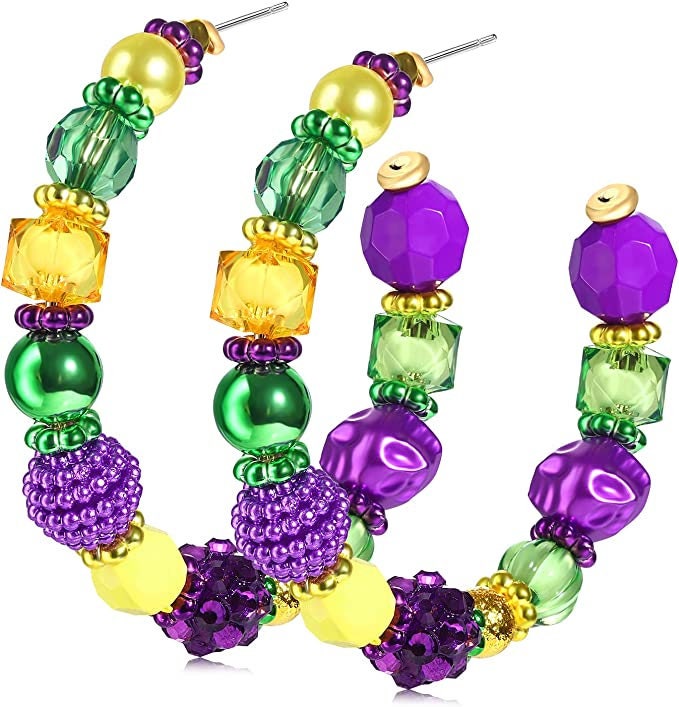 Mardi Gras 4" Gemstones hoop Earrings Purple Green Gold Masquerade Ball Costume Parade New Orleans