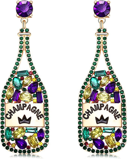 Mardi Gras Champagne Bottle Earrings Rhinestone Crystal Beaded Champagne Drop Dangle Earrings parade wear New Orleans