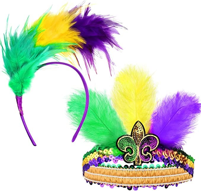 Set of 2! Mardi Gras Stretch Fleur De Lis feather Headband plus Feather headband PURPLE GREEN GOLD