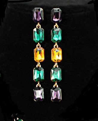 Mardi Gras Emerald Cut Earrings purple green gold Parade Costume New Orleans Carnival Ball Masquerade