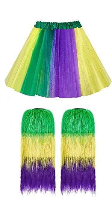 Mardi Gras Tutu and Furry leggings Warmers Boot Covers Purple Green Gold New Orleans Costume small skirt dress parade Bourbon St.