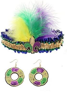 SET OF 2! Mardi Gras Sequin Headband and King cake Earrings Parade wear Party