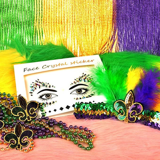 SET OF 4! Mardi Gras Fleur De Lis sequin Headband- Earrings-Face crystals Purple Green Gold Masquerade costume Ball