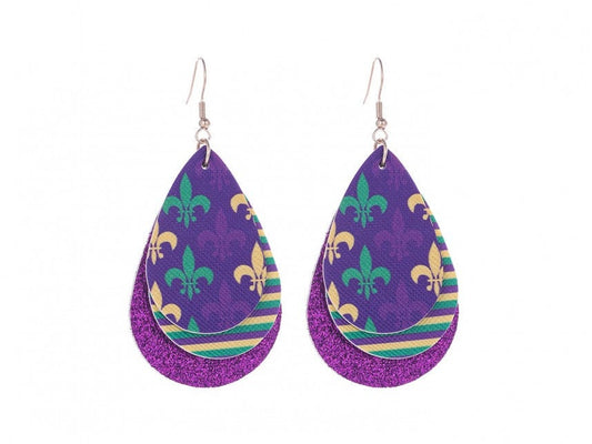 Mardi Gras  Teardrop Dangle  Multi Colored Fleur de Lis Earrings Purple, Green, Gold Costume Parade party carnival