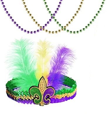 Mardi Gras Sequin Headband Plus 3 Mardi Gras Beads Parade Wear party