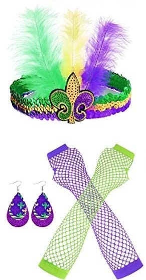 Mardi Gras Sequin Headband Plus Fingerless fishnet gloves Fleur de lis earrings Mardi Gras Beads Parade Wear party