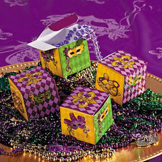 1.75" Cube Mardi Gras Treat Boxes(SET of 4!)  (12)Purple Green, Gold Mardi Gras Beads New Orleans Carnival Decor Costume favor party Outfit